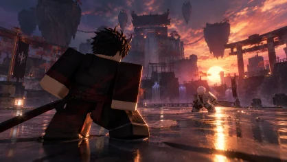 A cinematic block-style duel at sunset